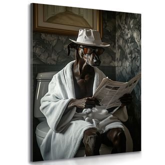 WANDBILD HUND MIT EINER ZEITUNG AUF DEM KLO - BILDER VON HUNDEN - BILDER