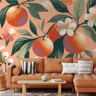 TAPETA POMERANČE A KVĚTY NA MERUŇKOVÉM POZADÍ - TAPETY JÍDLA A NÁPOJE - TAPETY