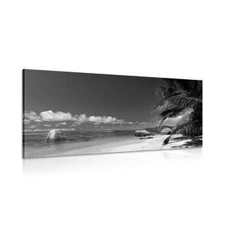 CANVAS PRINT ANSE SOURCE BEACH IN BLACK AND WHITE - BLACK AND WHITE PICTURES - PICTURES