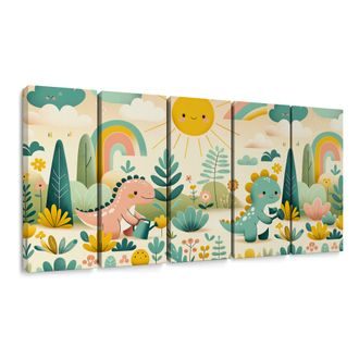 5-DÍLNÝ OBRAZ VESELÍ DINOSAUŘI V DUHOVÉ KRAJINĚ - DĚTSKÉ OBRAZY ZVÍŘÁTKA - OBRAZY