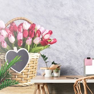 WALL MURAL TULIPS IN A WOODEN BASKET - WALLPAPERS VINTAGE AND RETRO - WALLPAPERS
