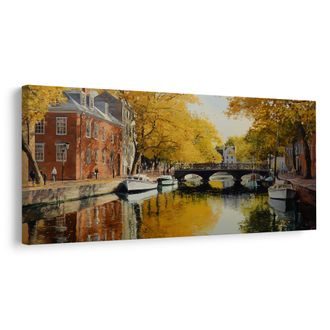 OBRAZ KLIDNÁ PODZIMNÍ ŘEKA S LODĚMI - BAREVNÉ DOMY - PICTURES