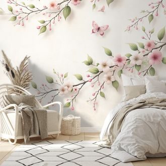FOTÓTAPÉTA FINOM RÓZSASZÍN VIRÁGOK ÉS PILLANGÓK - VIRÁGMINTÁS TAPÉTÁK - TAPÉTÁK