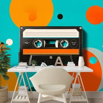 FOTOTAPET AUTOADEZIV CASETĂ RETRO PE CERCURI COLORATE - FOTOTAPETE MUZICALE - TAPETURI