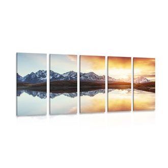 5-DÍLNÝ OBRAZ OSLNIVÝ ZÁPAD SLUNCE NAD HORSKÝM JEZEREM - OBRAZY PŘÍRODY A KRAJINY - OBRAZY