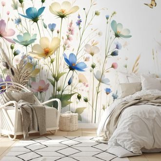 PAPIER PEINT – FLEURS PASTEL ET PAPILLONS VOLANTS - PAPIERS PEINTS FLEURS - PAPIERS PEINTS PANORAMIQUES