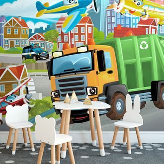 PAPIER PEINT CAMION À ORDURES DANS LA VILLE - PAPIER PEINT POUR ENFANTS - PAPIER PEINT