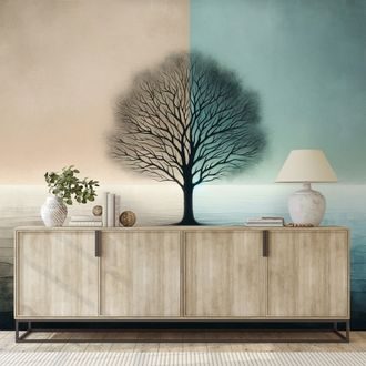 SELBSTKLEBENDE TAPETE LEBENSBAUM IN BLAU-BEIGE KONTRAST - TAPETEN BAUM DES LEBENS - TAPETEN