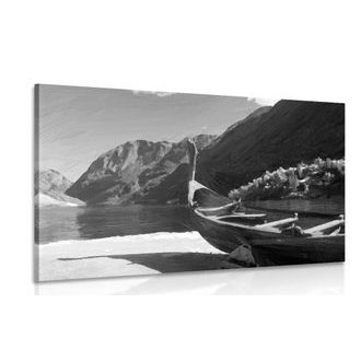 CANVAS PRINT WOODEN VIKING SHIP IN BLACK AND WHITE - BLACK AND WHITE PICTURES - PICTURES