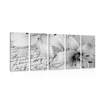5-PIECE CANVAS PRINT LILY ON AN OLD DOCUMENT IN BLACK AND WHITE - BLACK AND WHITE PICTURES - PICTURES