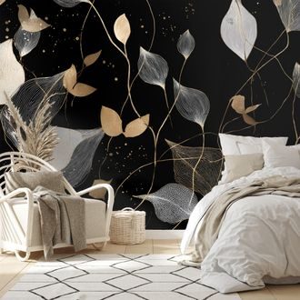 SAMOLEPIACA FOTOTAPETA ZLATÉ A BIELE LISTY NA ČIERNEJ - TAPETY LISTY - TAPETY