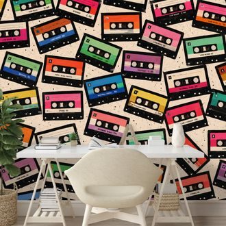 TAPETE RETRO BUNTE KASSETTEN - MUSIK FOTOTAPETEN - TAPETEN