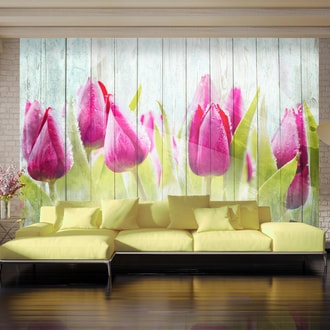 PHOTO WALLPAPER TULIPS ON WHITE WOOD - WALLPAPERS FLOWERS - WALLPAPERS