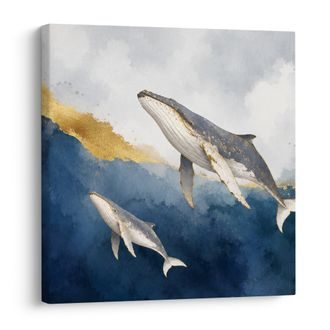 TABLEAU SUR TOILE – COUPLE DE BALEINES DANS L’OCÉAN BLEU - TABLEAUX DE BALEINE - TABLEAUX