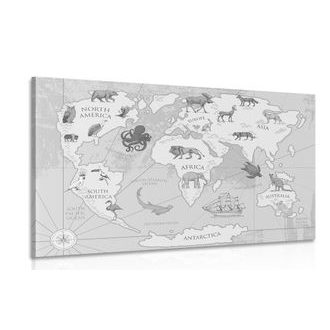 Picture black & white world map with animals