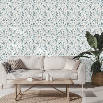 TAPETA JEMNÉ MODRÉ KVĚTY S LISTY - VZOROVANÉ TAPETY - TAPETY