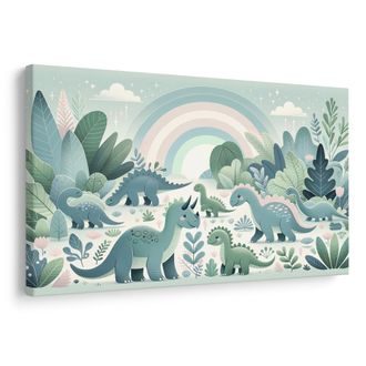 WANDBILD FRÖHLICHE DINOSAURIER IM MÄRCHENWALD - KINDERBILDER TIERE - BILDER