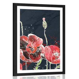 AFFICHE AVEC MONTURE COQUELICOTS ROUGES SUR FOND NOIR - FLEURS - AFFICHES