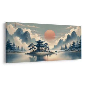 OBRAZ JEZDEC U PAGODY V HORÁCH - OBRAZY VÝCHOD A ZÁPAD SLUNCE - OBRAZY