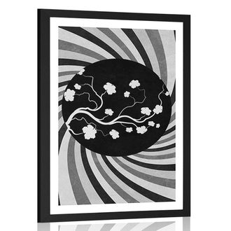 POSTER WITH MOUNT ASIAN GRUNGE BACKGROUND IN BLACK AND WHITE - BLACK AND WHITE - POSTERS