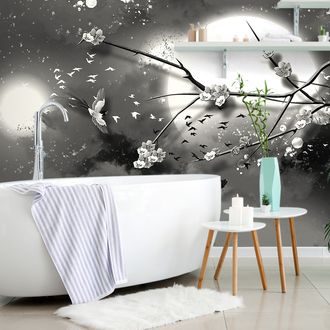 SELF ADHESIVE WALLPAPER BLACK AND WHITE TREE BRANCHES UNDER THE FULL MOON - SELF-ADHESIVE WALLPAPERS - WALLPAPERS