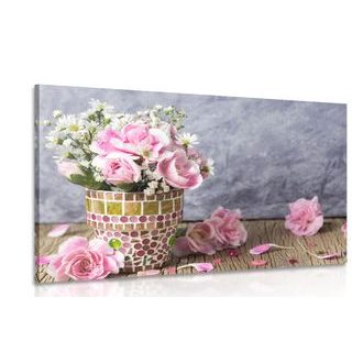 CANVAS PRINT CARNATION FLOWERS IN A MOSAIC POT - PICTURES FLOWERS - PICTURES