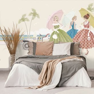 SELF ADHESIVE WALLPAPER RETRO LADIES WITH UMBRELLAS - SELF-ADHESIVE WALLPAPERS - WALLPAPERS