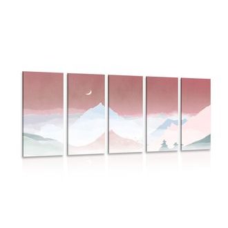 5-PIECE CANVAS PRINT MOON OVER PASTEL MOUNTAINS - PICTURES OF NATURE AND LANDSCAPE - PICTURES