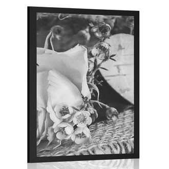 POSTER ROSE UND HERZ IN JUTE IN SCHWARZ-WEISS - SCHWARZ-WEISS - POSTER