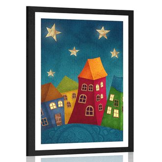 POSTER MIT PASSEPARTOUT MOND ÜBER DER STADT - FÜR KINDER - POSTER