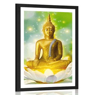 PLAKÁT S PASPARTOU ZLATÝ BUDDHA NA LOTOSOVÉM KVĚTU - FENG SHUI - PLAKÁTY