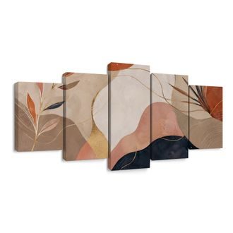 TABLEAU EN 5 PARTIES – FEUILLES ABSTRAITES AUX TONS TERREUX - IMAGES FORMES ABSTRAITES - TABLEAUX