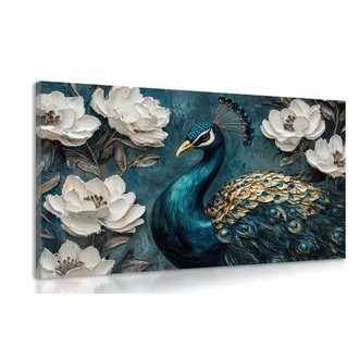 WANDBILD PORTRÄT EINES PFAUS ZWISCHEN BLUMEN - WANDBILDER PFAUEN - BILDER