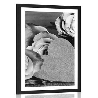 Plagát s paspartou valentínske ruže v čiernobielom prevedení
