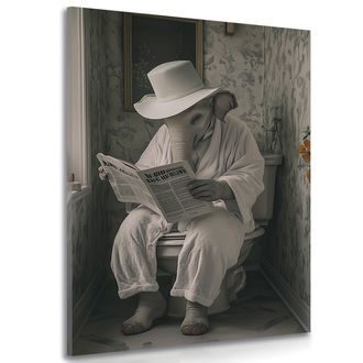WANDBILD ELEFANT MIT EINER ZEITUNG AUF DEM KLO - BILDER VON ELEFANTEN - BILDER