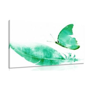 CANVAS PRINT FEATHER WITH A BUTTERFLY IN GREEN DESIGN - STILL LIFE PICTURES - PICTURES