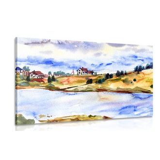 CANVAS PRINT VILLAGE BY THE RIVER - PICTURES OF NATURE AND LANDSCAPE - PICTURES