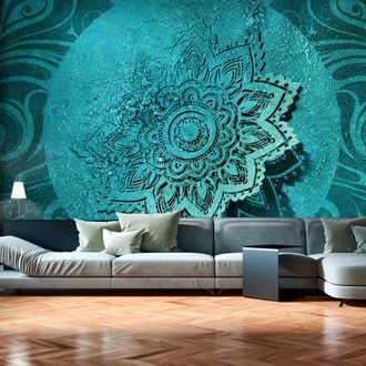 Self adhesive wallpaper cyan flower mandala