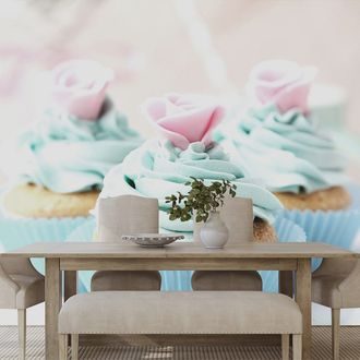 FOTOTAPETE BUNTE SÜSSE CUPCAKES - TAPETEN MIT ESSEN UND GETRÄNKEN - TAPETEN