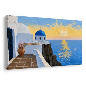 TABLEAU SUR TOILE – ÉGLISE GRECQUE AU-DESSUS DE LA MER - TABLEAUX LEVER ET COUCHER DE SOLEIL - TABLEAUX