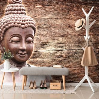 CARTE DA PARATI A MOTIVI STATUA DI BUDDHA SU UNO SFONDO DI LEGNO - CARTA DA PARATI FENG SHUI - CARTA DA PARATI