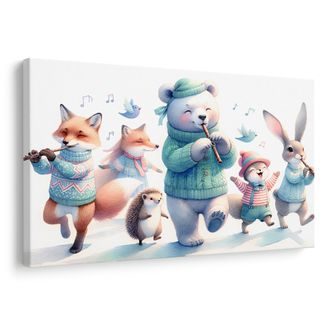 OBRAZ HUDEBNÍ PRŮVOD ZVÍŘÁTEK V ZIMNÍ KRAJINĚ - DĚTSKÉ OBRAZY ZVÍŘÁTKA - OBRAZY