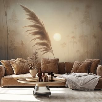 SAMOLEPÍCÍ TAPETA PAMPOVÁ TRÁVA V RANNÍ MLZE - TAPETY VÝCHOD A ZÁPAD SLUNCE - TAPETY