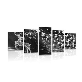 5-dílný obraz nádherný jelen s motýly v černobílém provedení