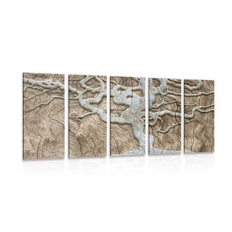 5-PIECE CANVAS PRINT ABSTRACT TREE ON WOOD IN BEIGE DESIGN - PICTURES OF TREES AND LEAVES - PICTURES