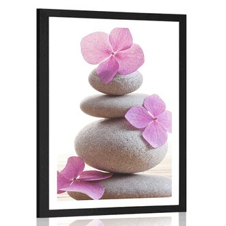 POSTER MIT PASSEPARTOUT BALANCE VON STEINEN UND ROSA ORIENTALISCHEN BLUMEN - FENG SHUI - POSTER