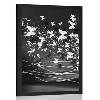 Poster cerbul frumos cu fluturi în design alb-negru