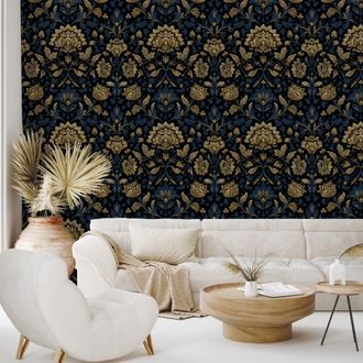 TAPETA ZLATÉ KVĚTY NA TMAVÉM POZADÍ - VZOROVANÉ TAPETY - TAPETY