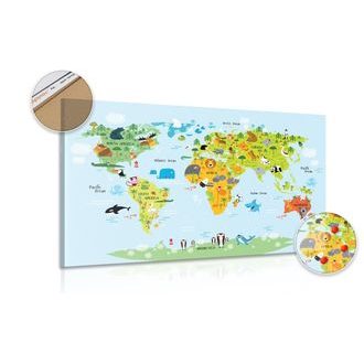 DECORATIVE PINBOARD CHILDREN'S MAP OF THE WORLD WITH ANIMALS - PICTURES ON CORK - PICTURES