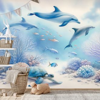 TAPETE UNTERWASSERWELT MIT DELFINEN - TAPETEN MEERESTIERE - TAPETEN